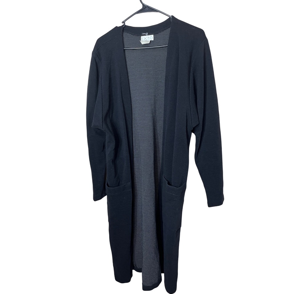 Vintage EXPO Ribbed‎ Knit Duster Cardigan Long Open Front Pockets Black Size 10